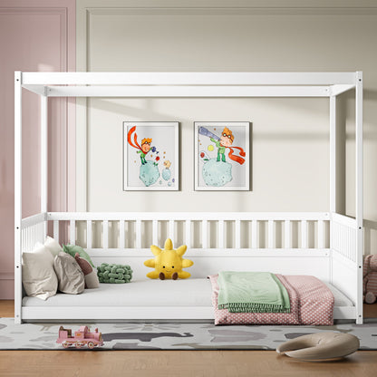 Full-size white canopy bed frame with guardrails for kids by HouseOfZazla on Tampa Home & Garden Store