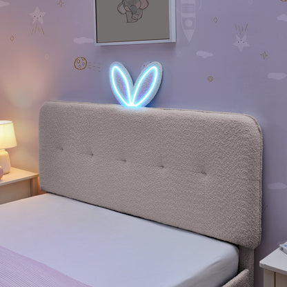 Full-size kids upholstered bed with oversized rabbit-ear headboard in light gray fabric on Tampa Home & Garden Store