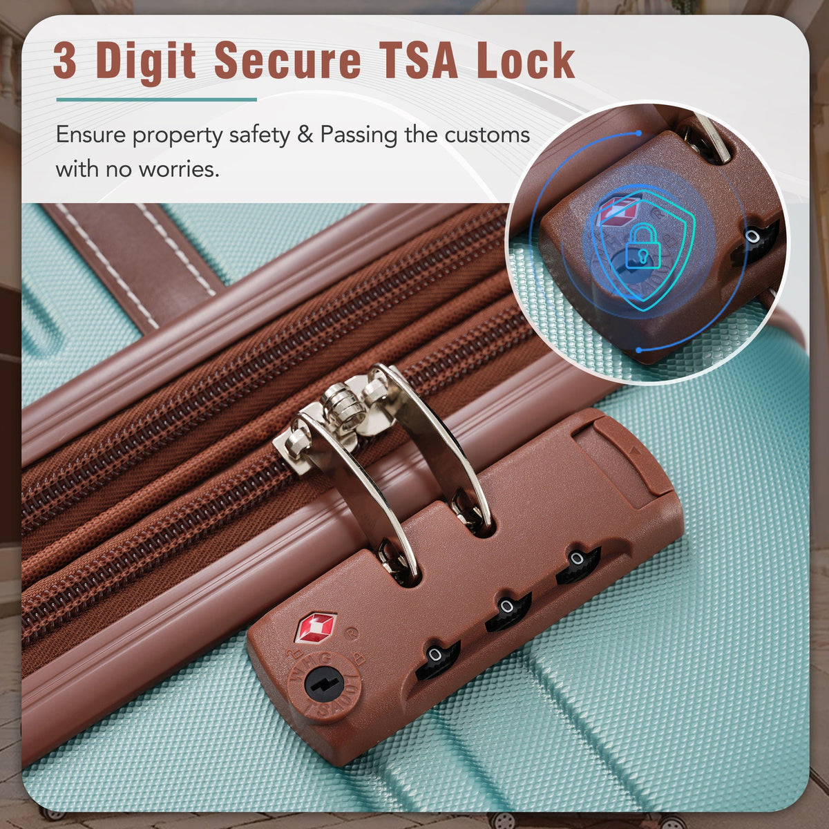 Hardshell luggage set 3pc HouseOfZazla with brown zippers and TSA lock on turquoise fabric on Tampa Home & Garden Store