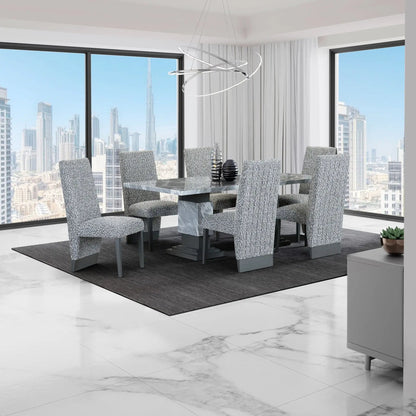 Stacey Contemporary Dining Chair set of 2 gray fabric around marble table on Tampa Home & Garden Store