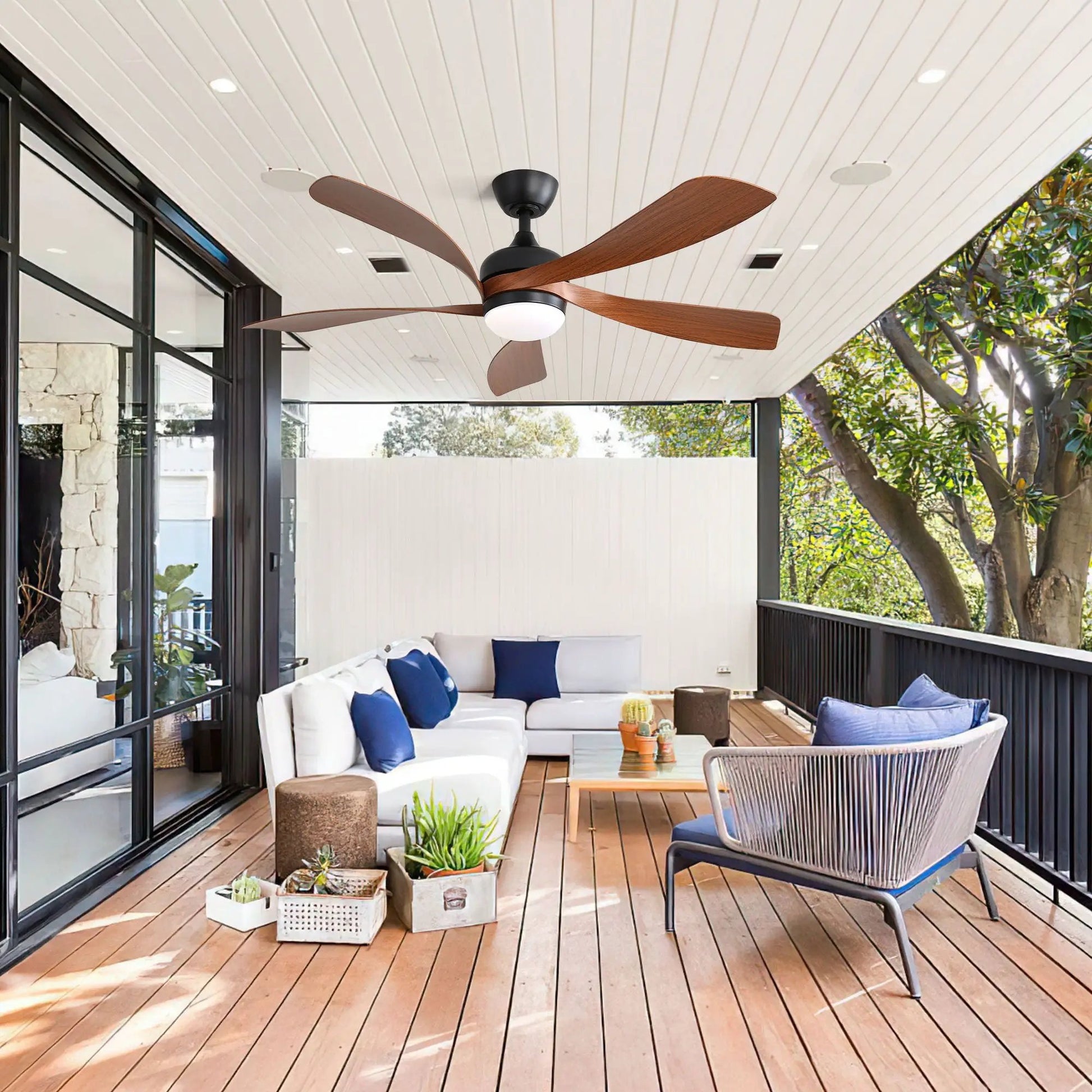 Ceiling Fan with DC motor and built-in light, wood blades, black hub Unique Piece Furniture on Tampa Home & Garden Store