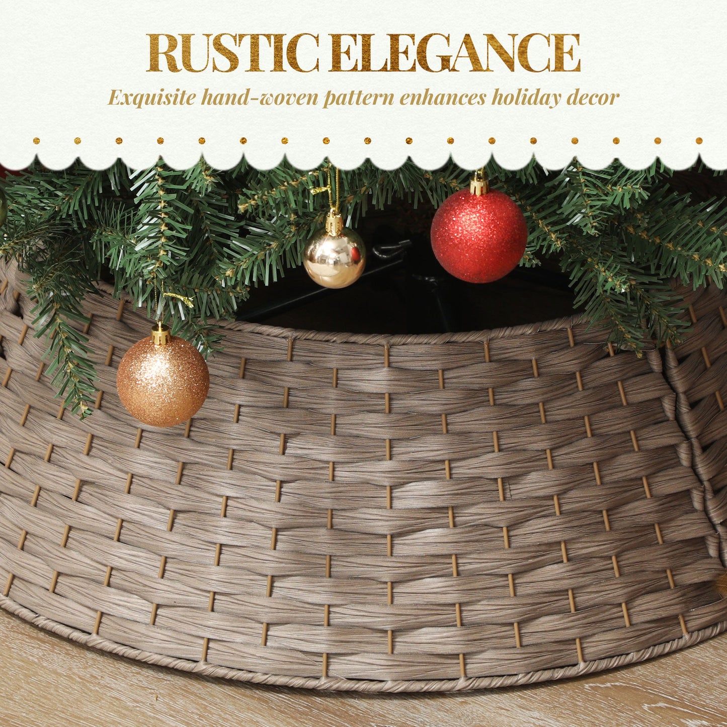 2.25 ft Rustic Christmas Tree Skirt in natural woven rattan with gold and red ornaments on Tampa Home & Garden Store