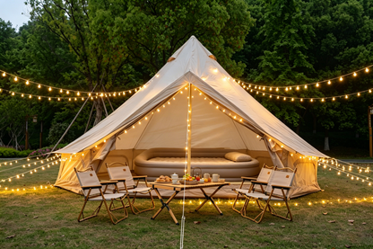 Oxford Bell Tent for Family Camping by HouseOfZazla, beige canvas with string lights on Tampa Home & Garden Store