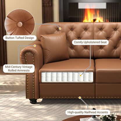 41.3in tan faux leather sofa with nailhead trim, tufted back and rolled arms by HouseOfZazla on Tampa Home & Garden Store