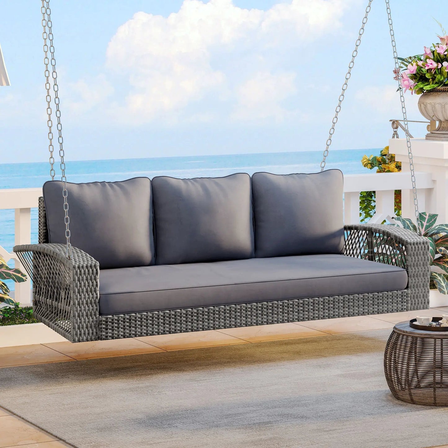3 Person Large Patio Swing Bench with Cushions dark gray wicker Unique Piece Furniture on Tampa Home & Garden Store