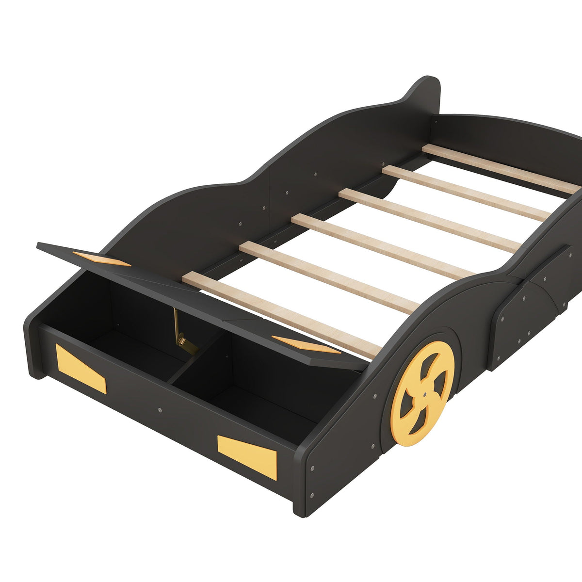 Race car shaped bed with wheels and storage, black with yellow accents, HouseOfZazla on Tampa Home & Garden Store