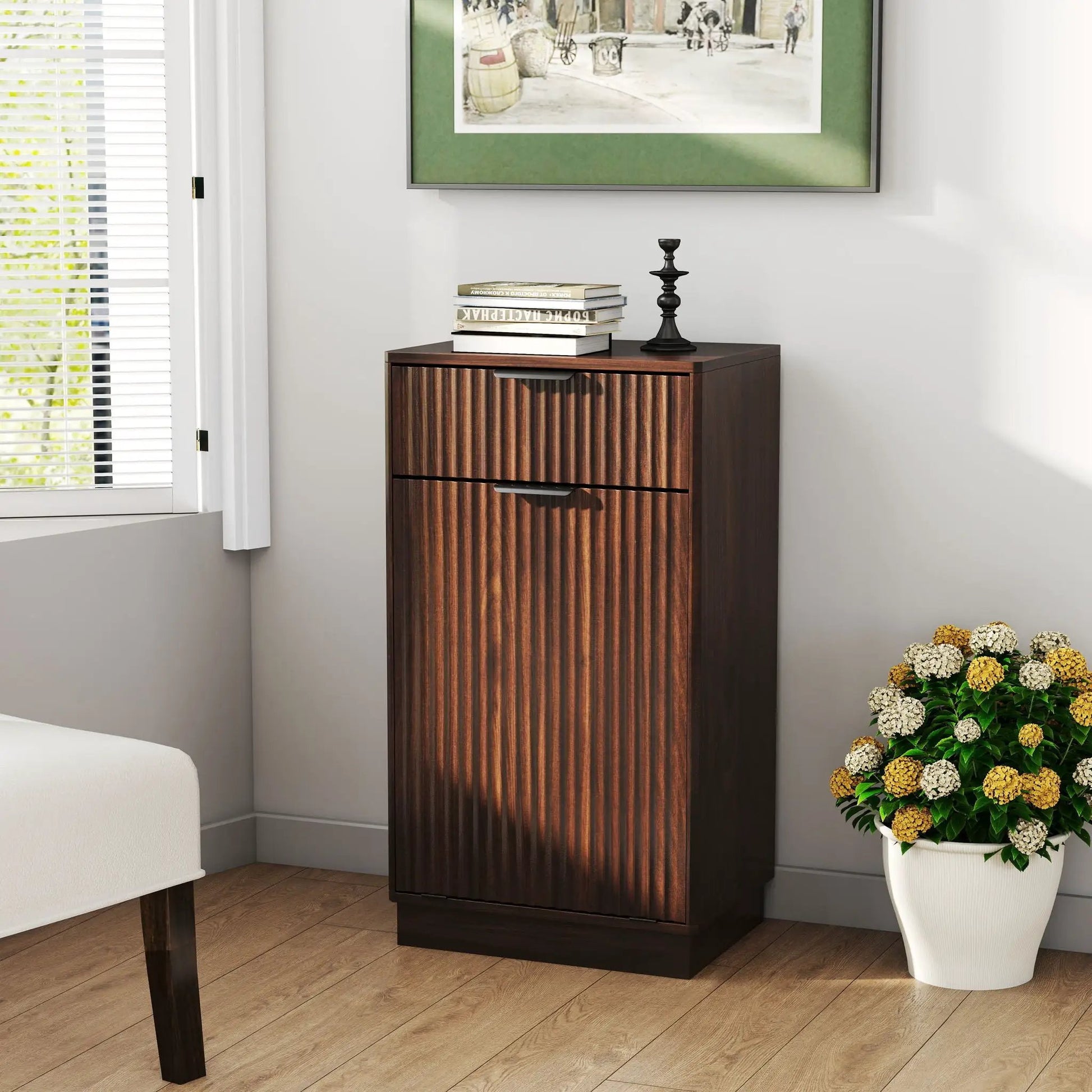 Tilt-out trash can cabinet with wave-textured drawer and pull-out bin in dark wood finish on Tampa Home & Garden Store