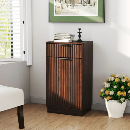 Tilt-out trash can cabinet with wave-textured drawer and pull-out bin in dark wood finish on Tampa Home & Garden Store