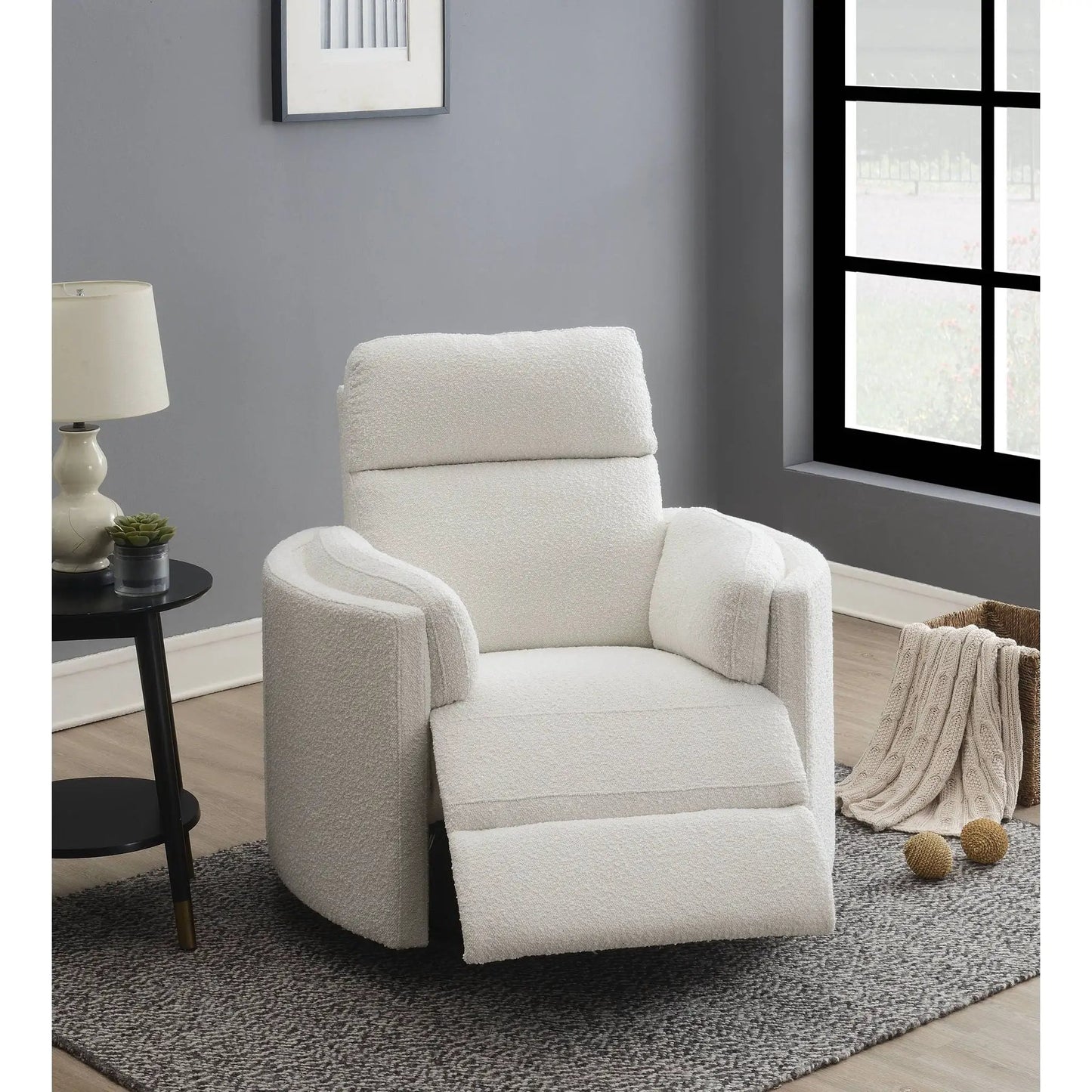 Sagen - Glider Recliner With Swivel in white textured fabric, living room setup on Tampa Home & Garden Store