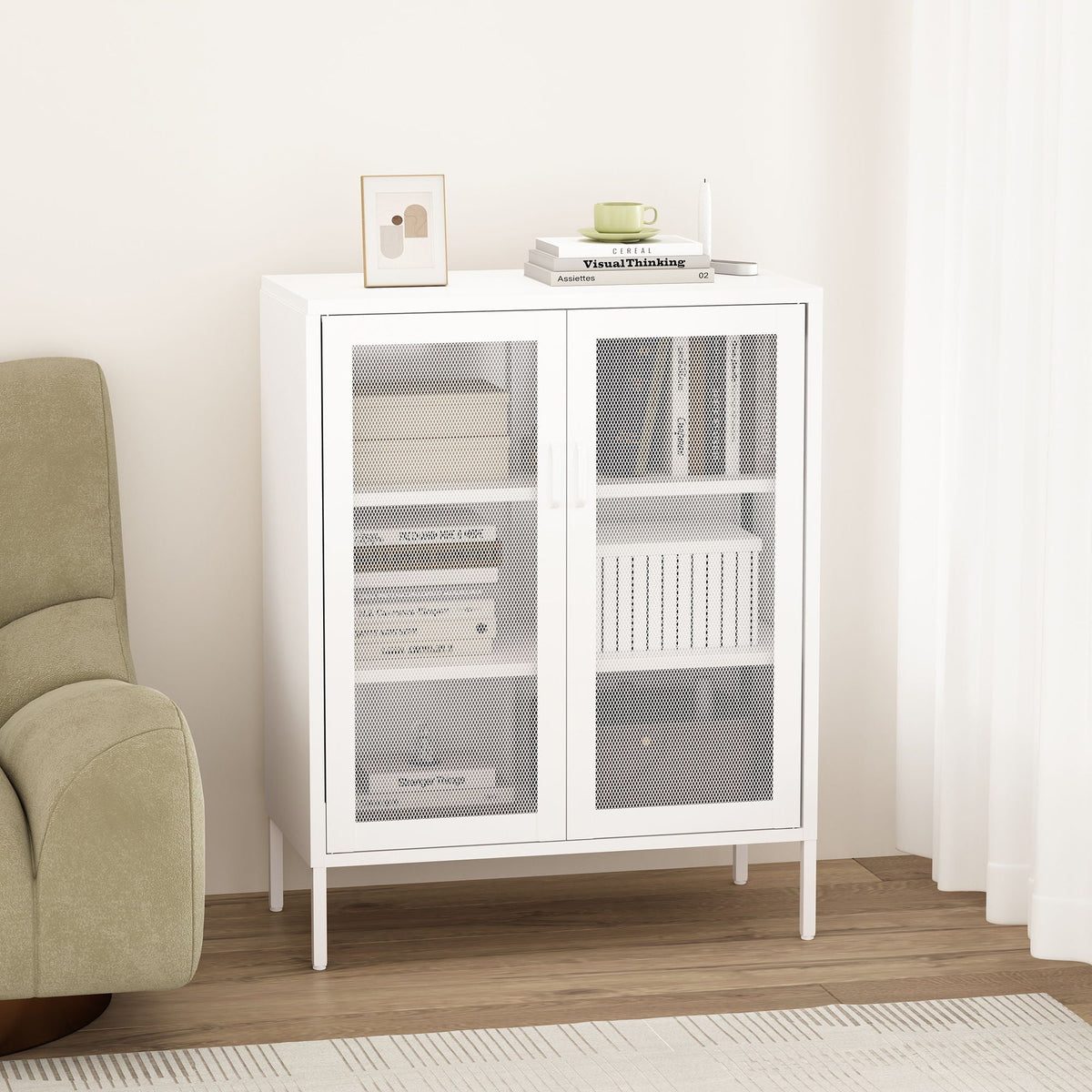 White metal accent cabinet with mesh doors and adjustable shelves by HouseOfZazla on Tampa Home & Garden Store
