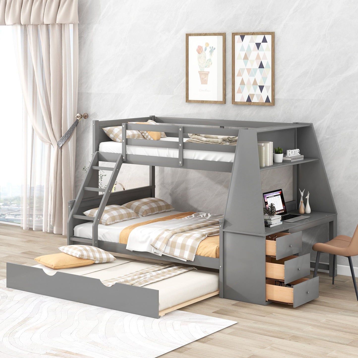Bunk bed with built-in desk and shelf in gray by HouseOfZazla, 3 storage drawers on Tampa Home & Garden Store