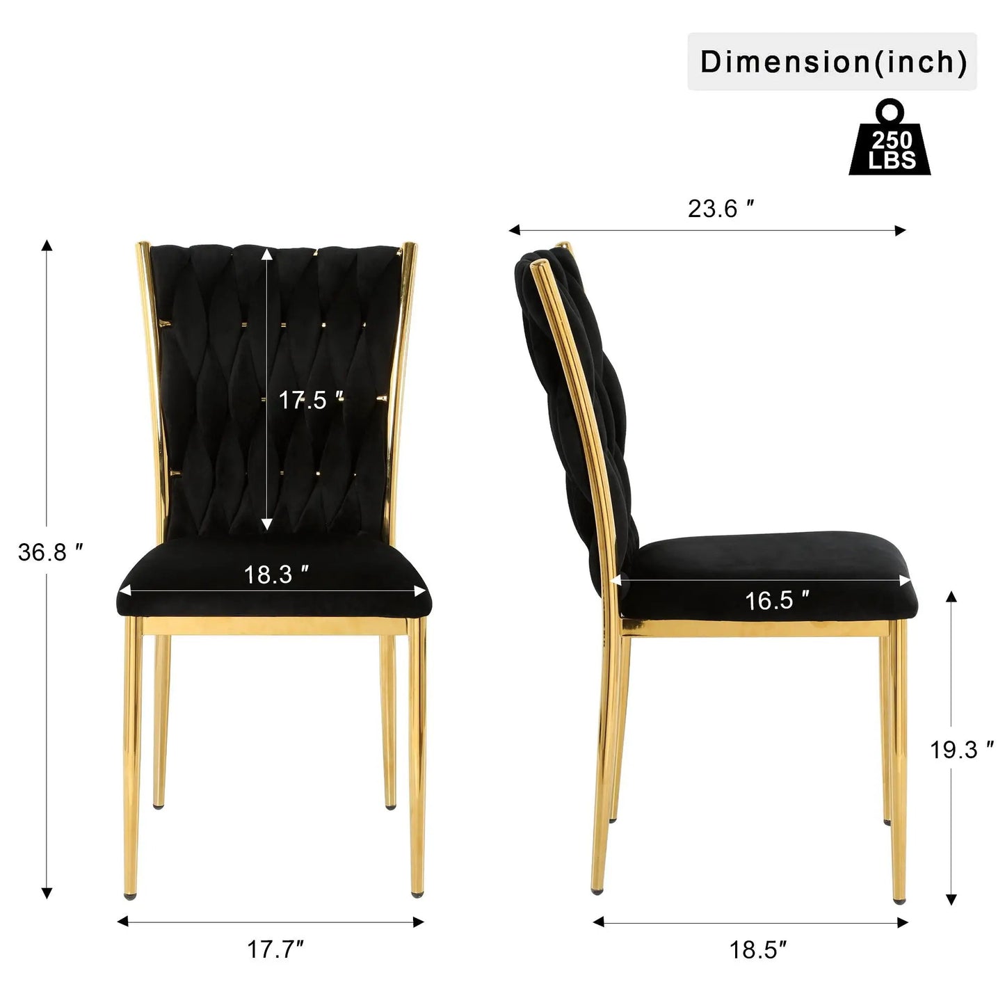 Set of 2 modern dining chairs with black tufted velvet upholstery and gold metal frames on Tampa Home & Garden Store