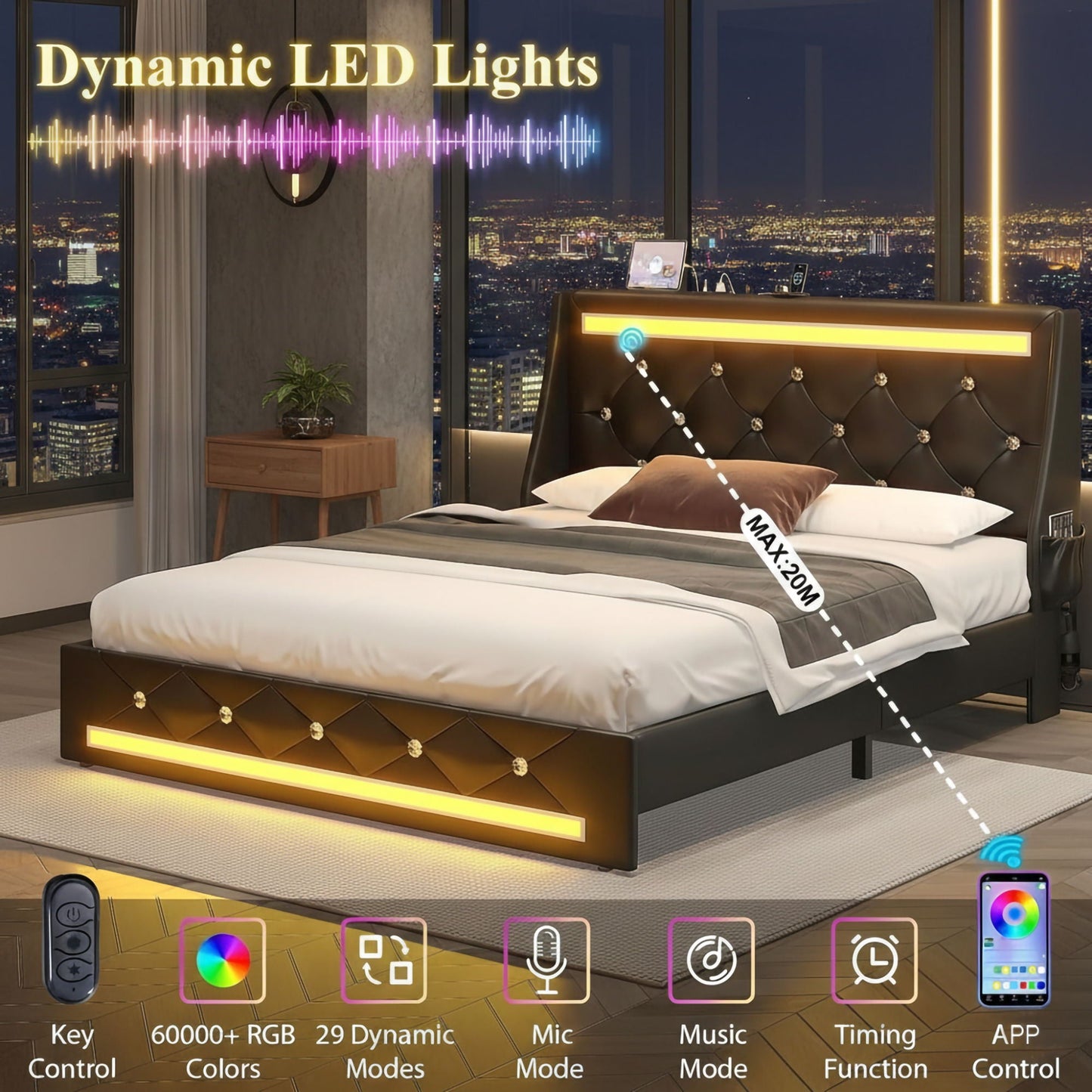 Wingback Upholstered Bed Frame Led and Usb