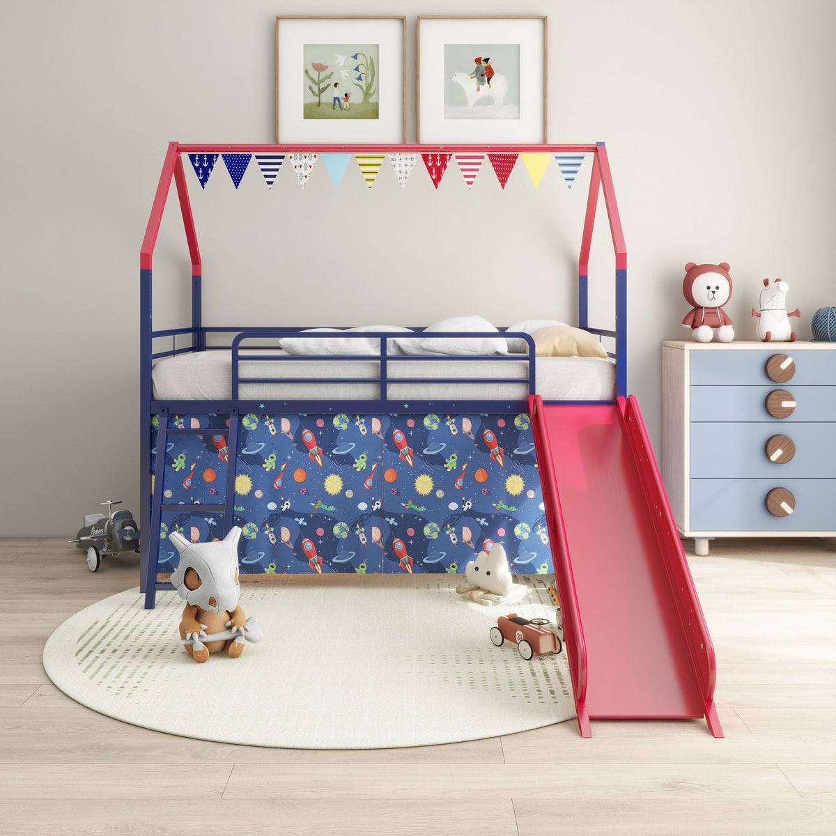 Jack loft bed with slide and curtain set, pink/blue frame, space panels and bunting on Tampa Home & Garden Store