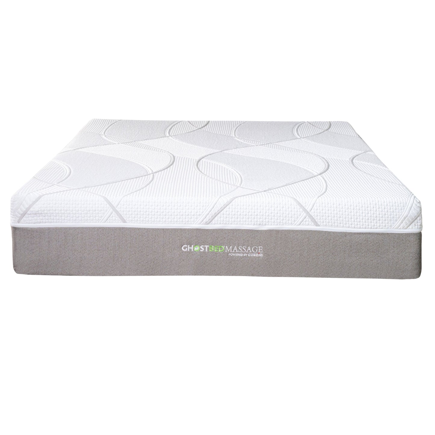 Mattress GhostBed Massage Hybrid Profile white quilted cover on grey base with logo GhostBedMassage on Tampa Home & Garden Store