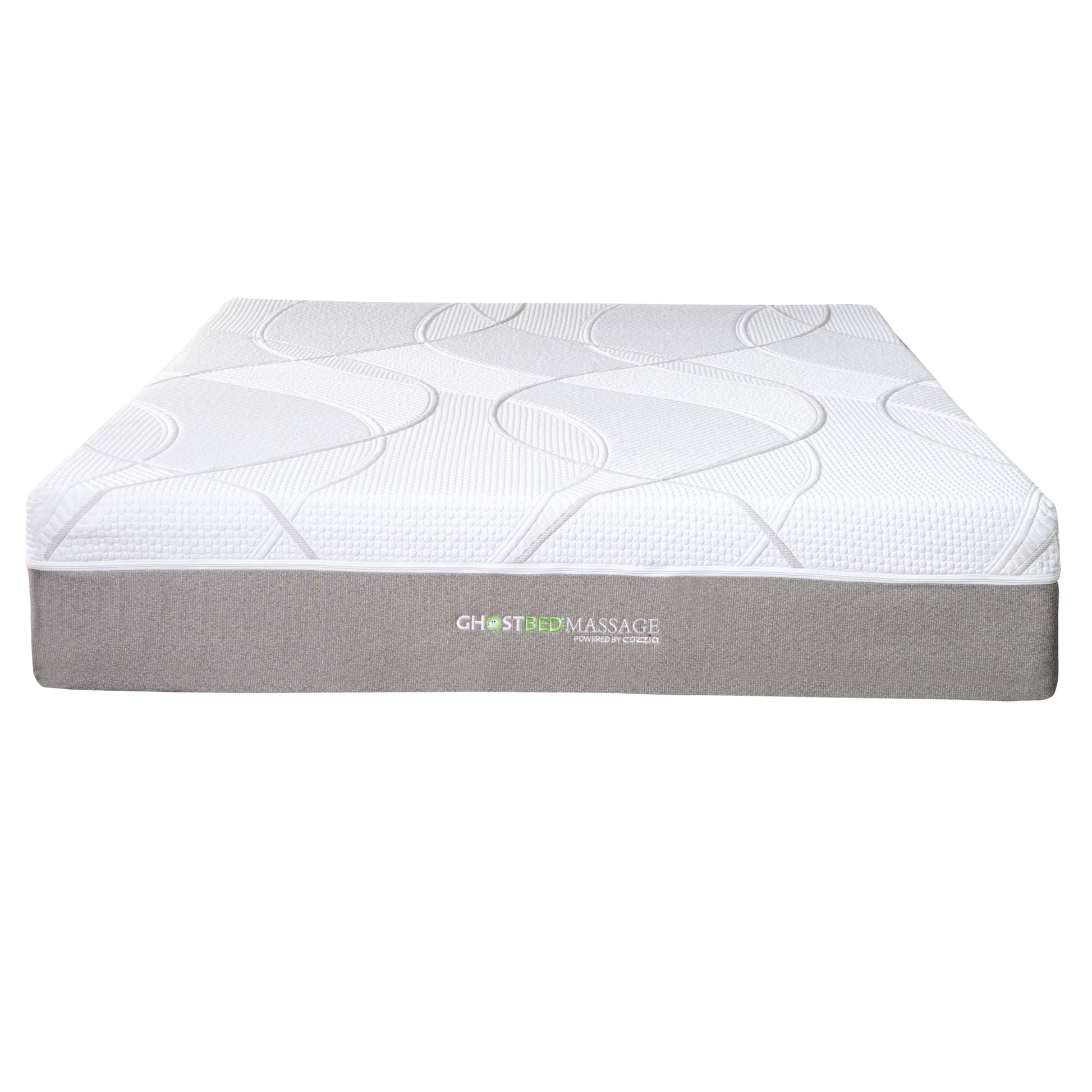Mattress GhostBed Massage Hybrid Profile white quilted cover on grey base with logo GhostBedMassage on Tampa Home & Garden Store