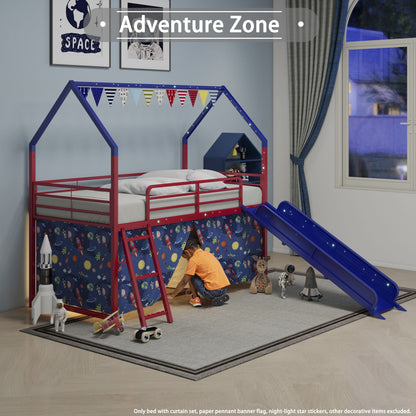 Jack loft bed with slide and curtain by HouseOfZazla; red/blue metal frame, space panels on Tampa Home & Garden Store