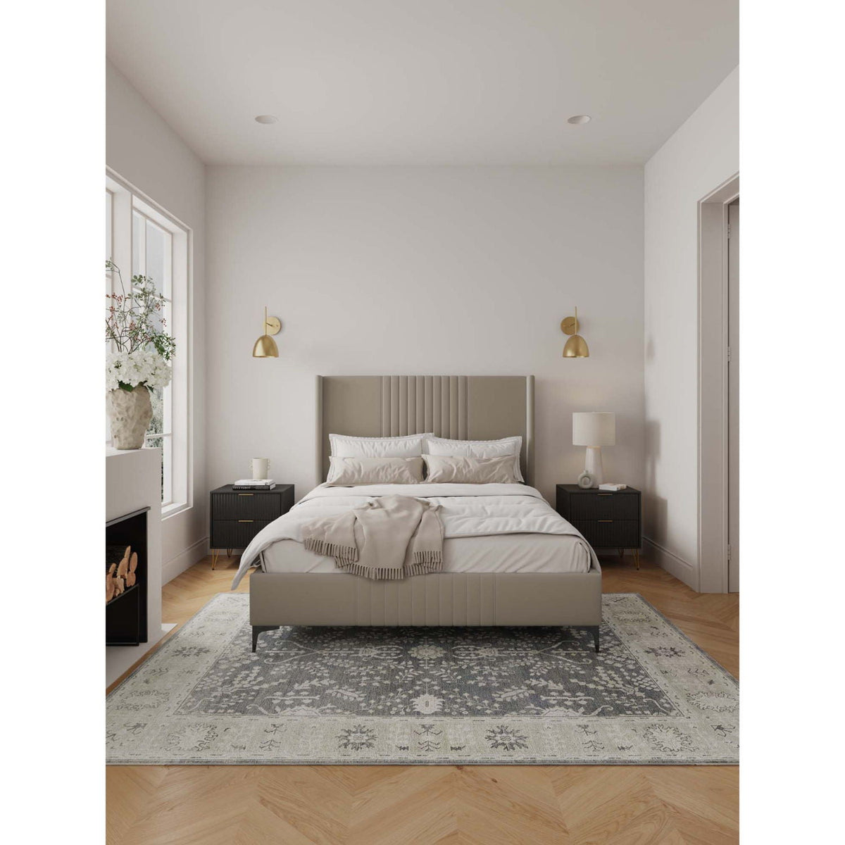 Promenade upholstered bed with gray headboard and slats by HouseOfZazla with brass sconces on Tampa Home & Garden Store