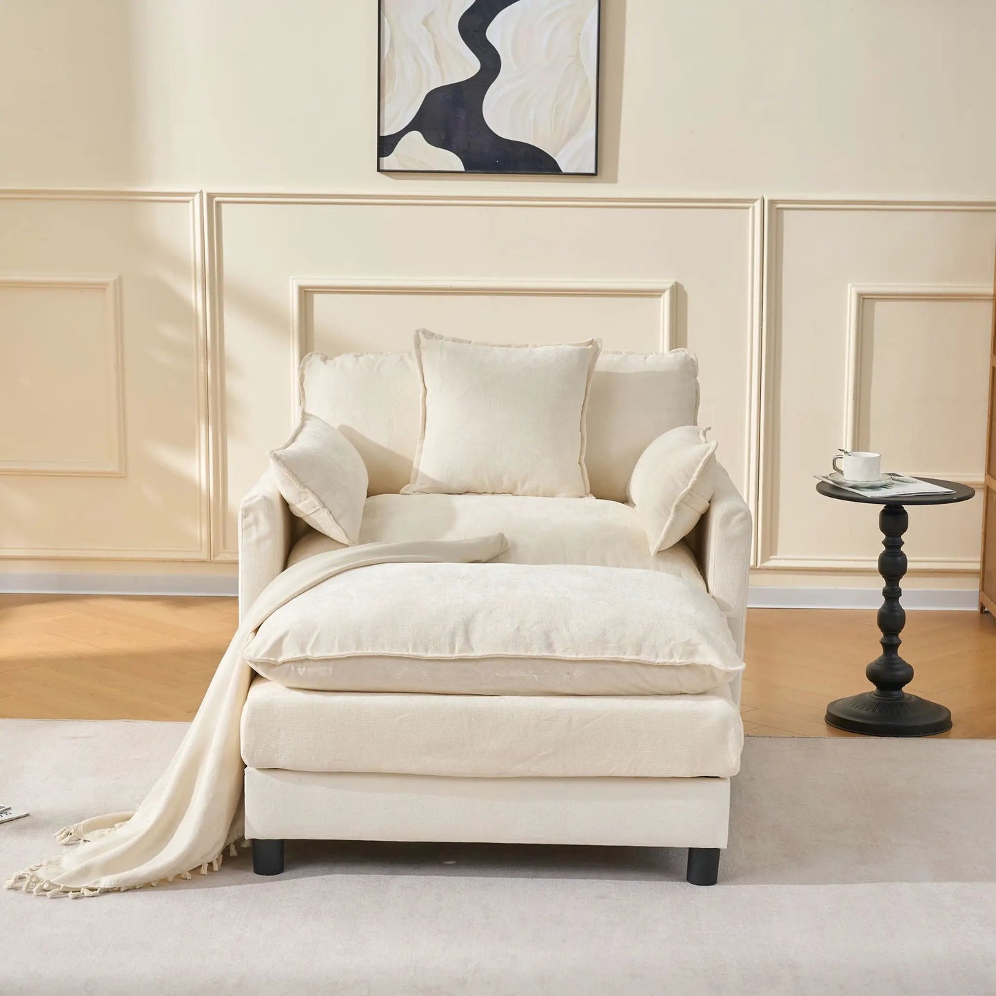 Accent Chair and Ottoman in Beige Chenille