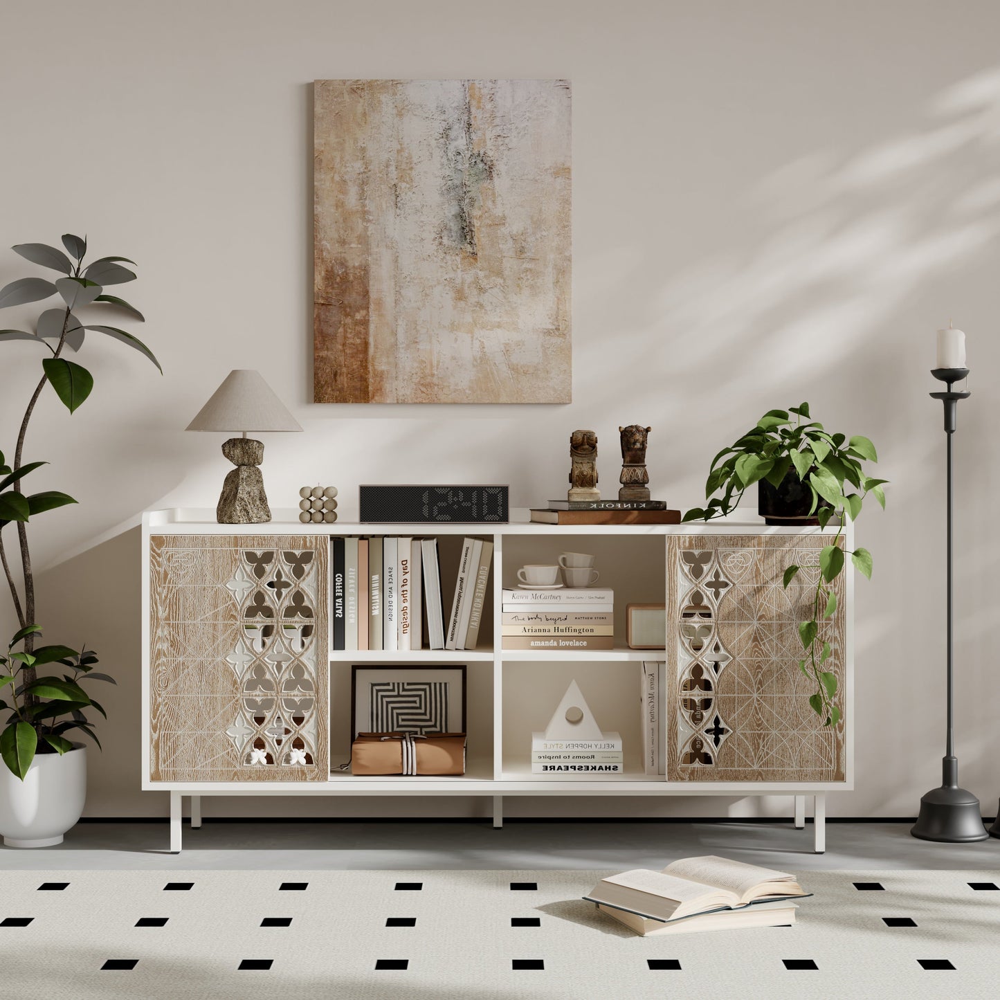 Sicotas Mid Century Sideboard white frame with carved lattice panel doors by HouseOfZazla on Tampa Home & Garden Store
