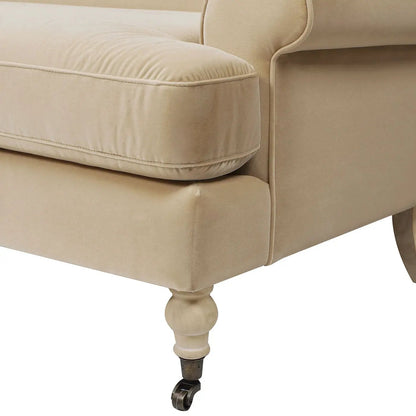 Alana Lawson two-cushion tightback sofa beige fabric, turned wood leg by Unique Piece Furniture on Tampa Home & Garden Store