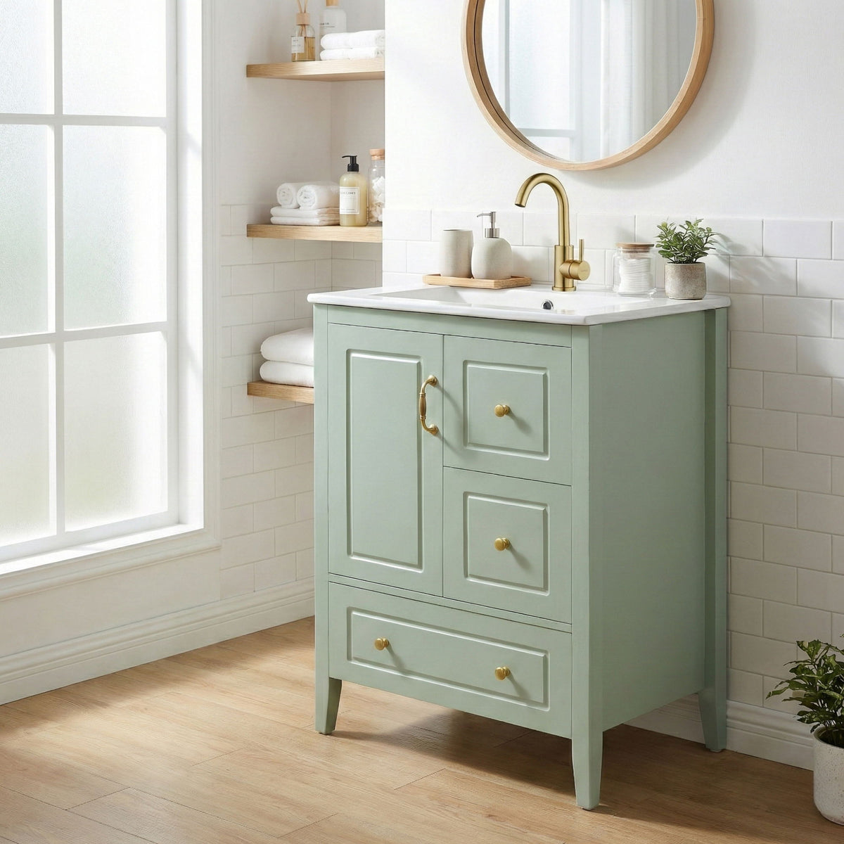 Retro bathroom vanity by HouseOfZazla with ceramic sink and soft-closing drawers in seafoam on Tampa Home & Garden Store
