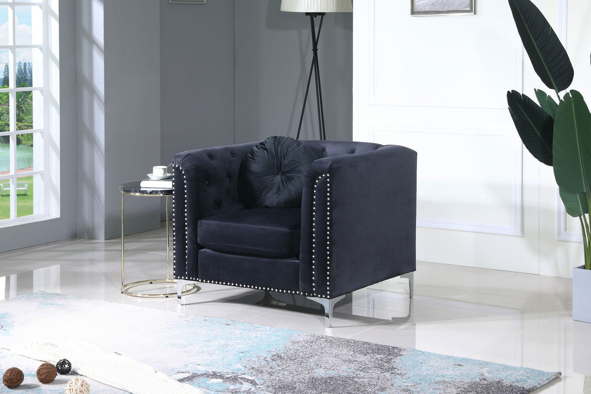 HouseOfZazla black MicroSuede Contemporary Sloped Arm Chair with tufted back and nailhead trim on Tampa Home & Garden Store