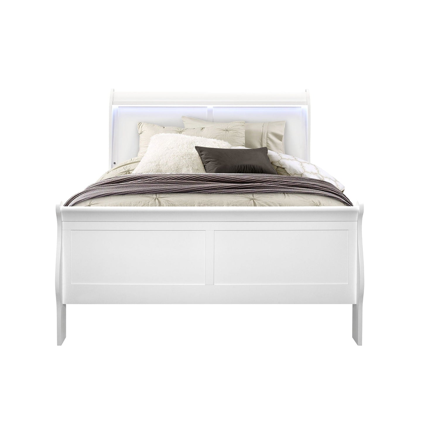 Charlston modern sleigh bed with LED lighting, white frame and neutral bedding on Tampa Home & Garden Store