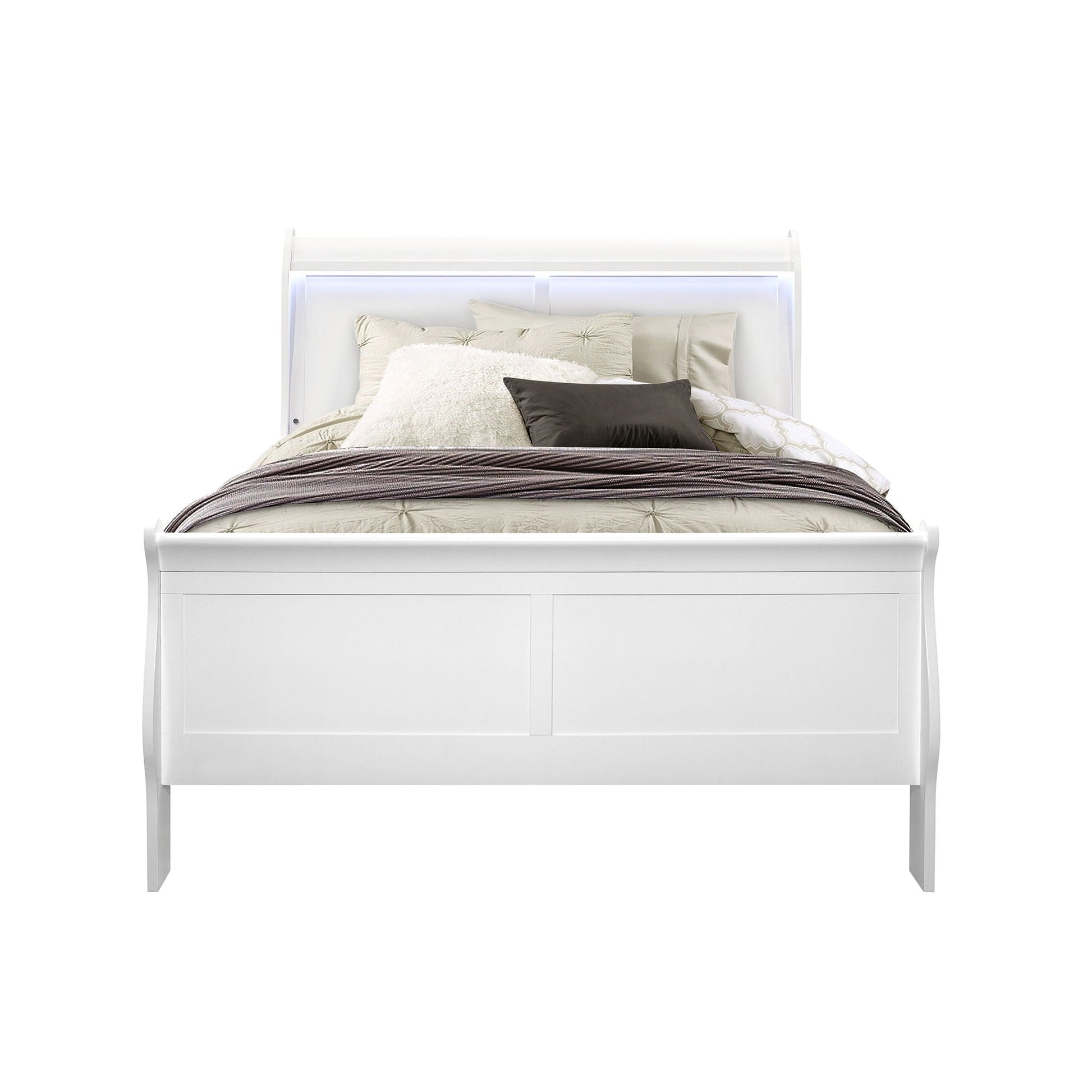 Charlston modern sleigh bed with LED lighting, white frame and neutral bedding on Tampa Home & Garden Store
