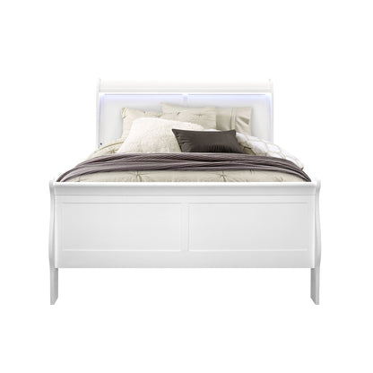 Charlston modern sleigh bed with LED lighting, white frame and neutral bedding on Tampa Home & Garden Store
