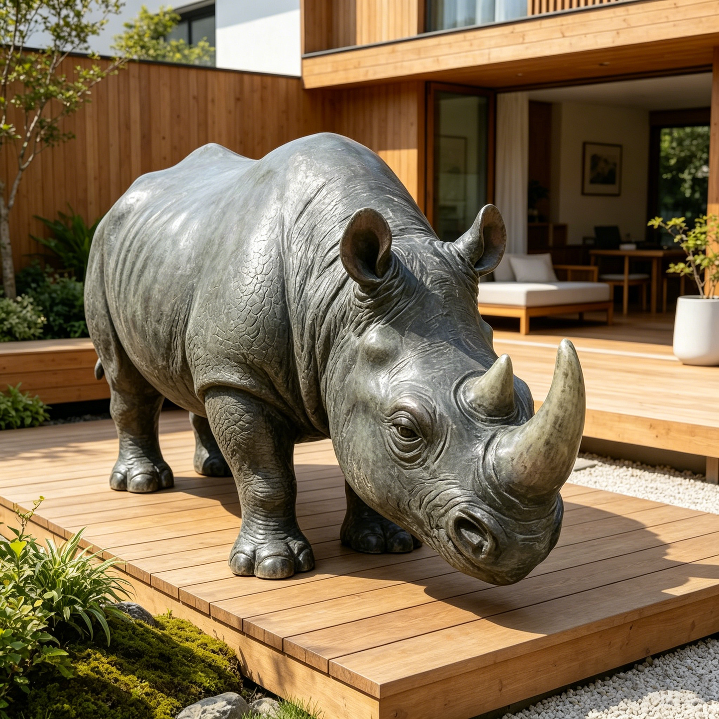 27.5in Large Realistic Rhinoceros Garden Statue by HouseOfZazla, gray stone finish on Tampa Home & Garden Store