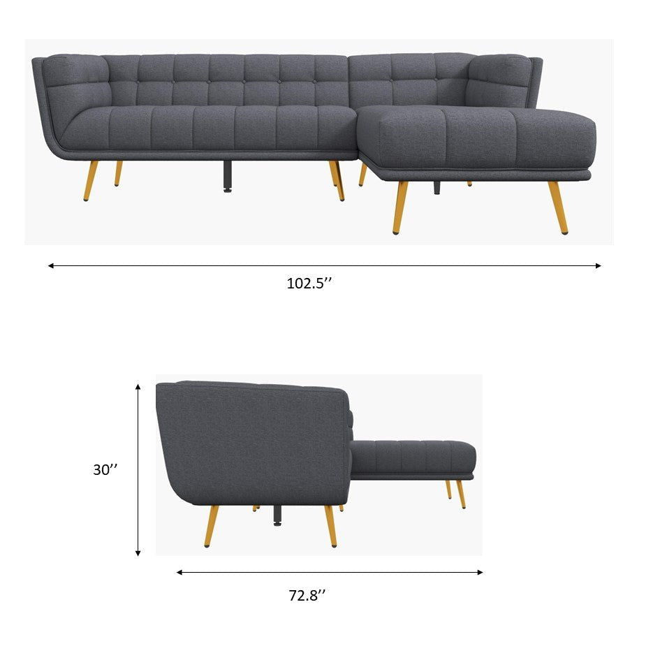 L-shaped tufted sectional sofa in dark gray fabric with wood legs by HouseOfZazla on Tampa Home & Garden Store