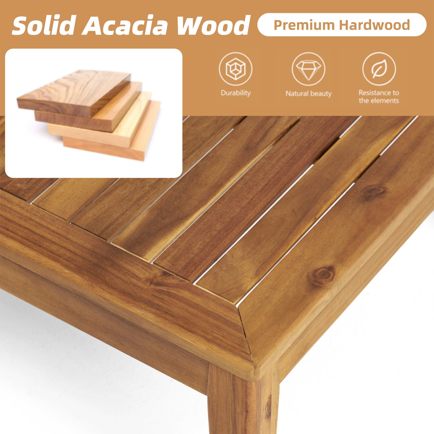 Outdoor L Shape 3pc Acacia Wood Patio Sofa Set with 5 brown wood samples on Tampa Home & Garden Store
