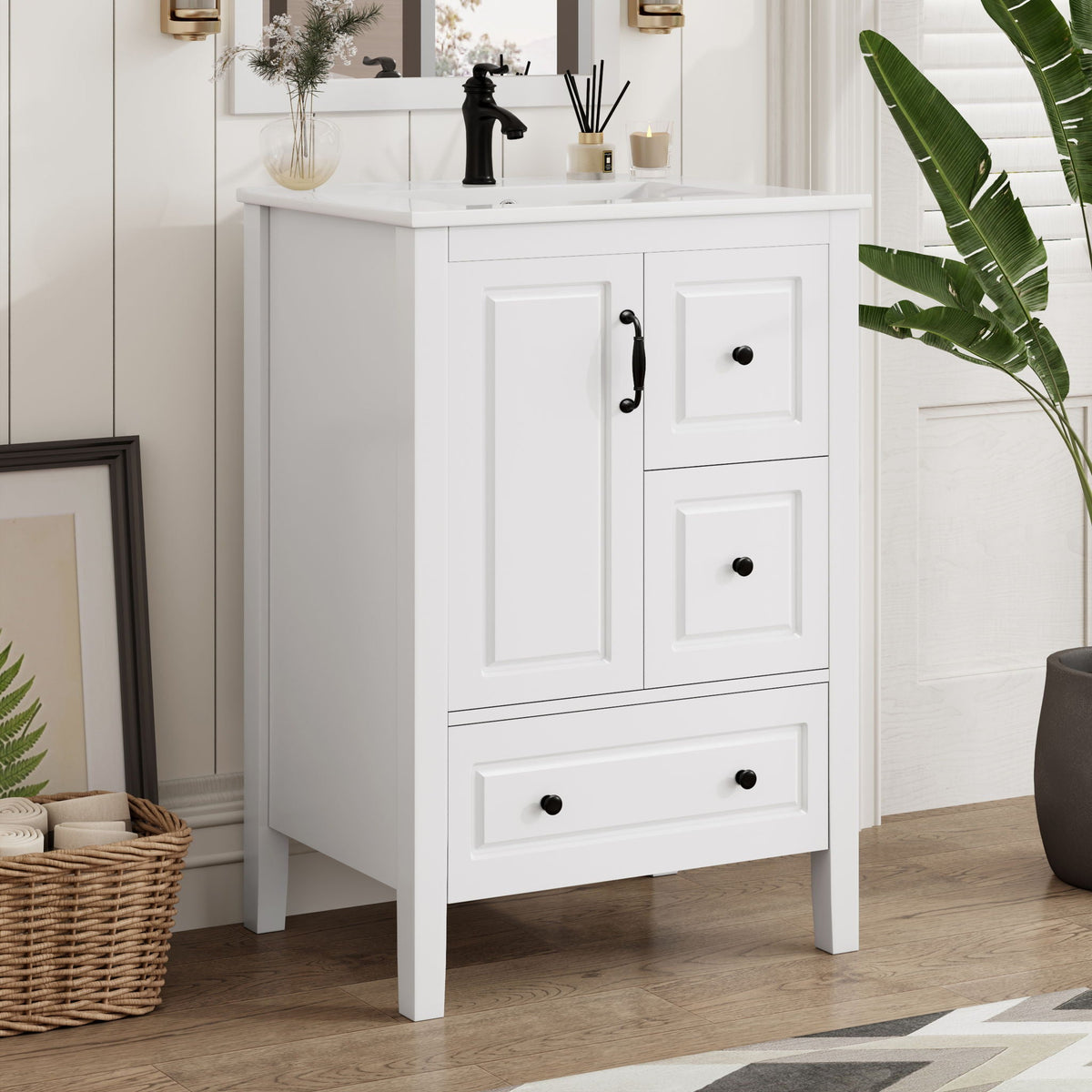 Retro bathroom vanity with ceramic sink, white finish and black hardware, soft-close drawers on Tampa Home & Garden Store