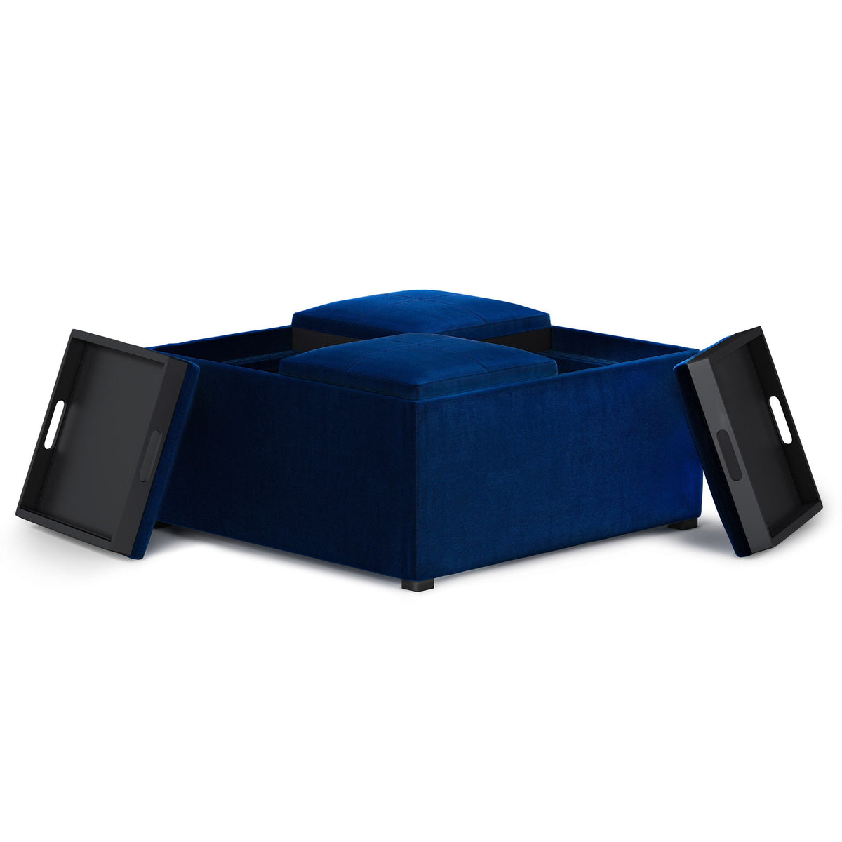 Avalon Square Ottoman Coffee Table With Trays blue velvet ottoman with black tray lids on Tampa Home & Garden Store