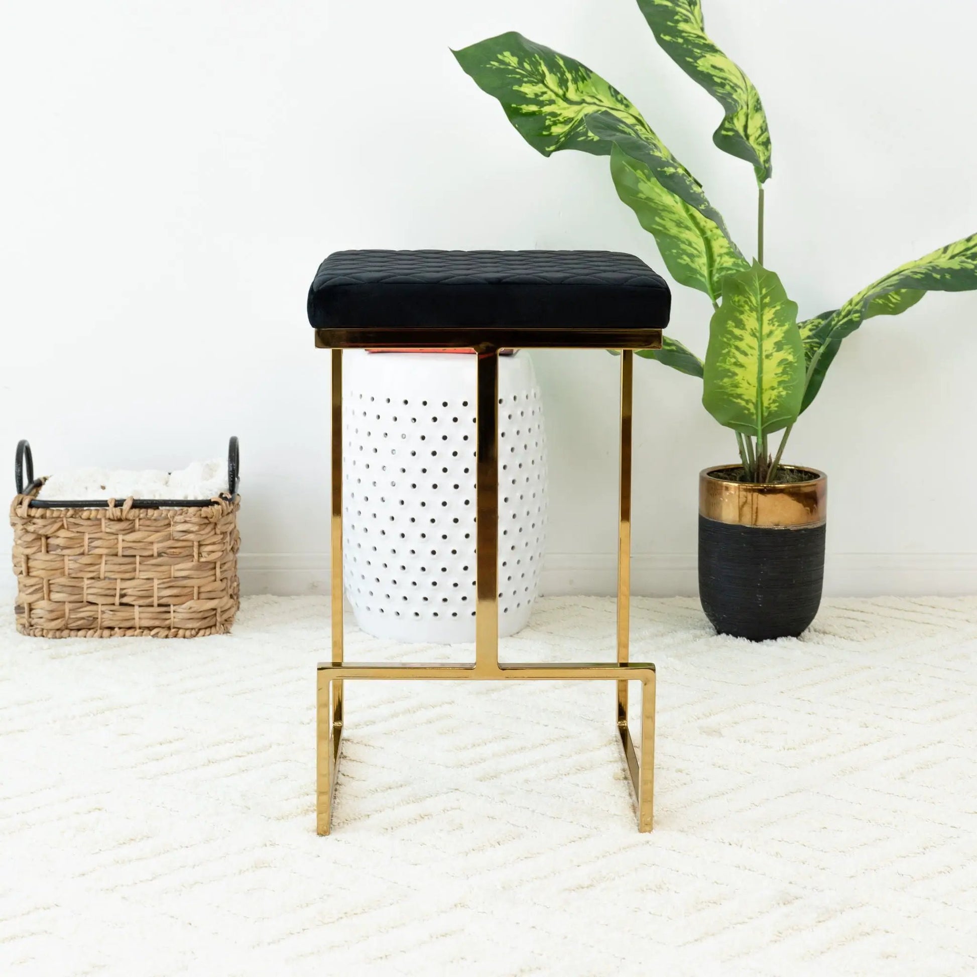 Joel mid century modern upholstered stool, black tufted seat with gold legs, counter height 24–27 on Tampa Home & Garden Store