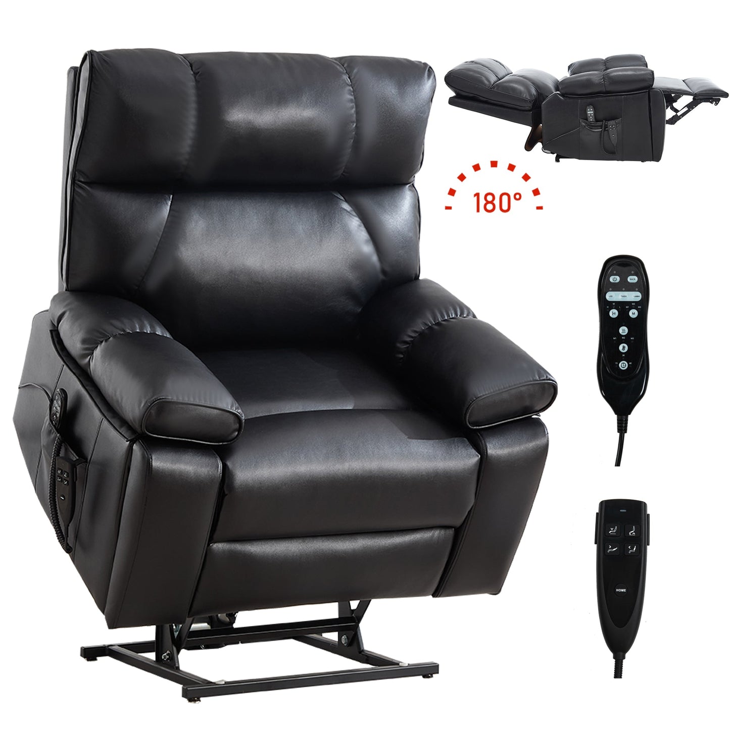 Black Leatheraire Heat Massage Recliner, black leather recliner with 180° recline and remote on Tampa Home & Garden Store