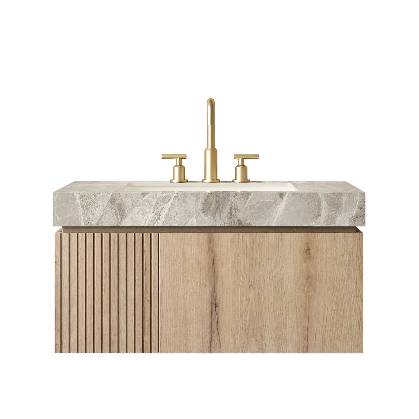 MURI 36in floating bathroom vanity with wood front and marble countertop and gold faucet on Tampa Home & Garden Store