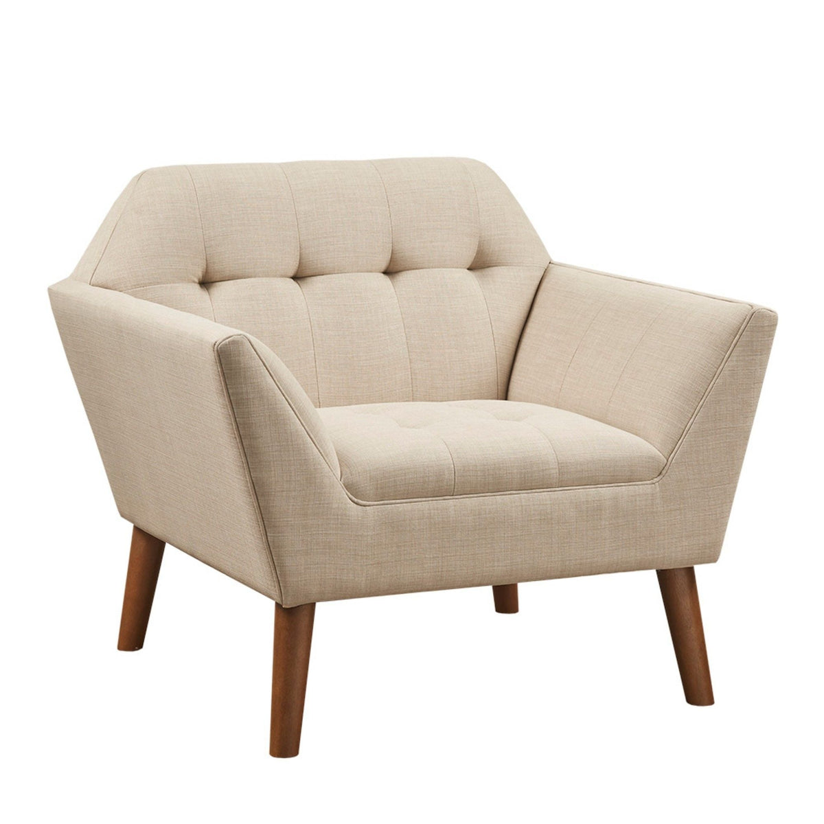 Modern Lounge Chair with Button Tufting beige upholstery, pecan wood legs HouseOfZazla on Tampa Home & Garden Store
