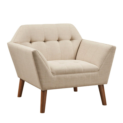 Modern Lounge Chair with Button Tufting beige upholstery, pecan wood legs HouseOfZazla on Tampa Home & Garden Store