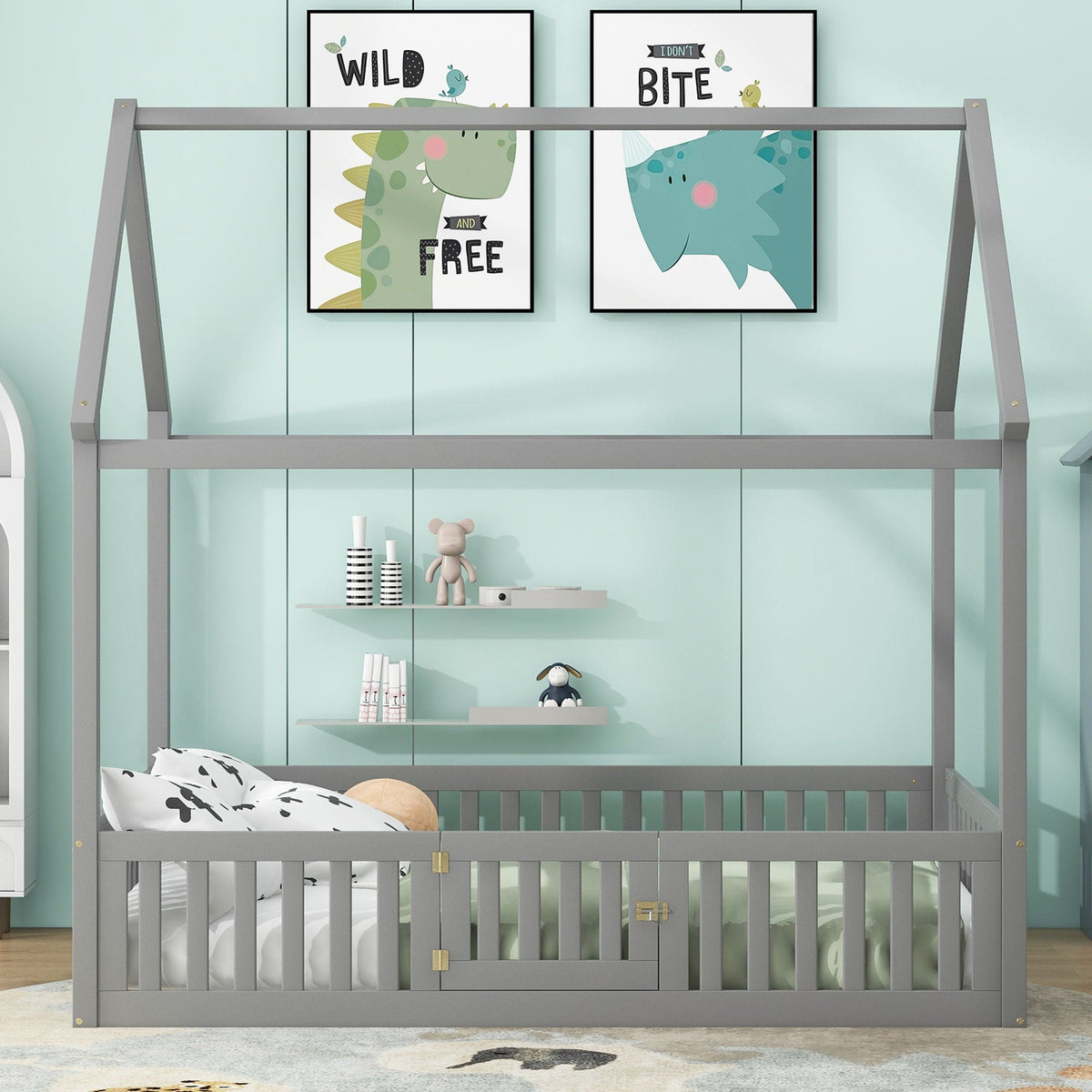 Wood House Bed with Fence and Door, gray platform kids bed with guard rails on Tampa Home & Garden Store