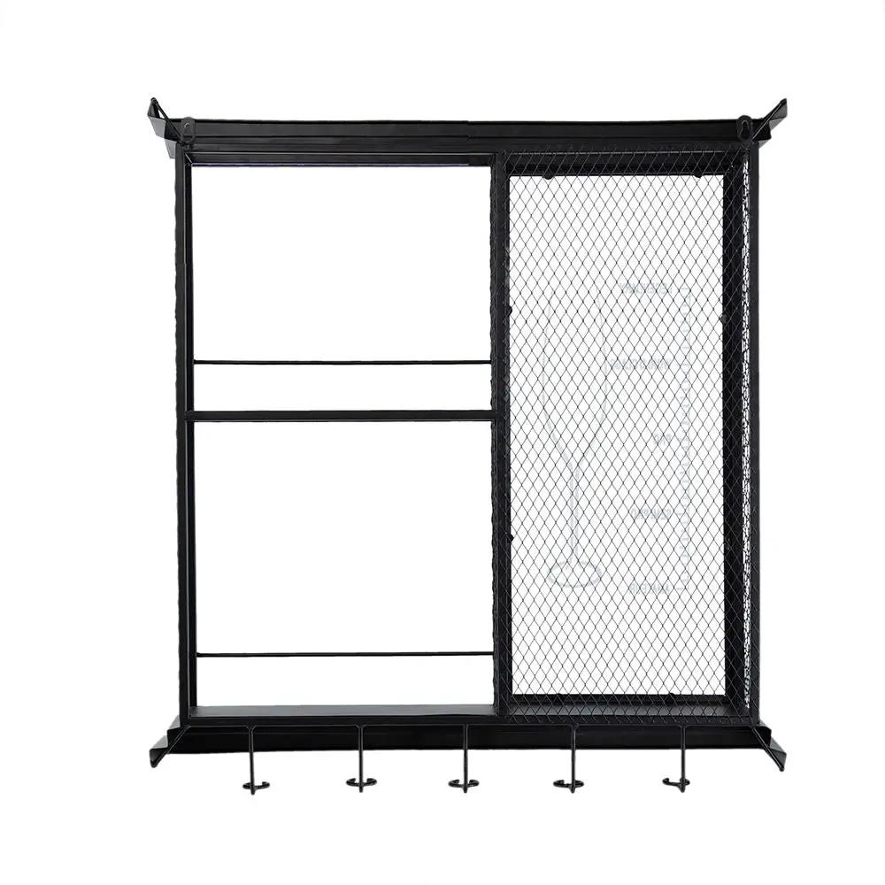 Floating wine bar shelf with glass holder and display shelves, black metal wall unit with mesh on Tampa Home & Garden Store