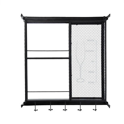 Floating wine bar shelf with glass holder and display shelves, black metal wall unit with mesh on Tampa Home & Garden Store