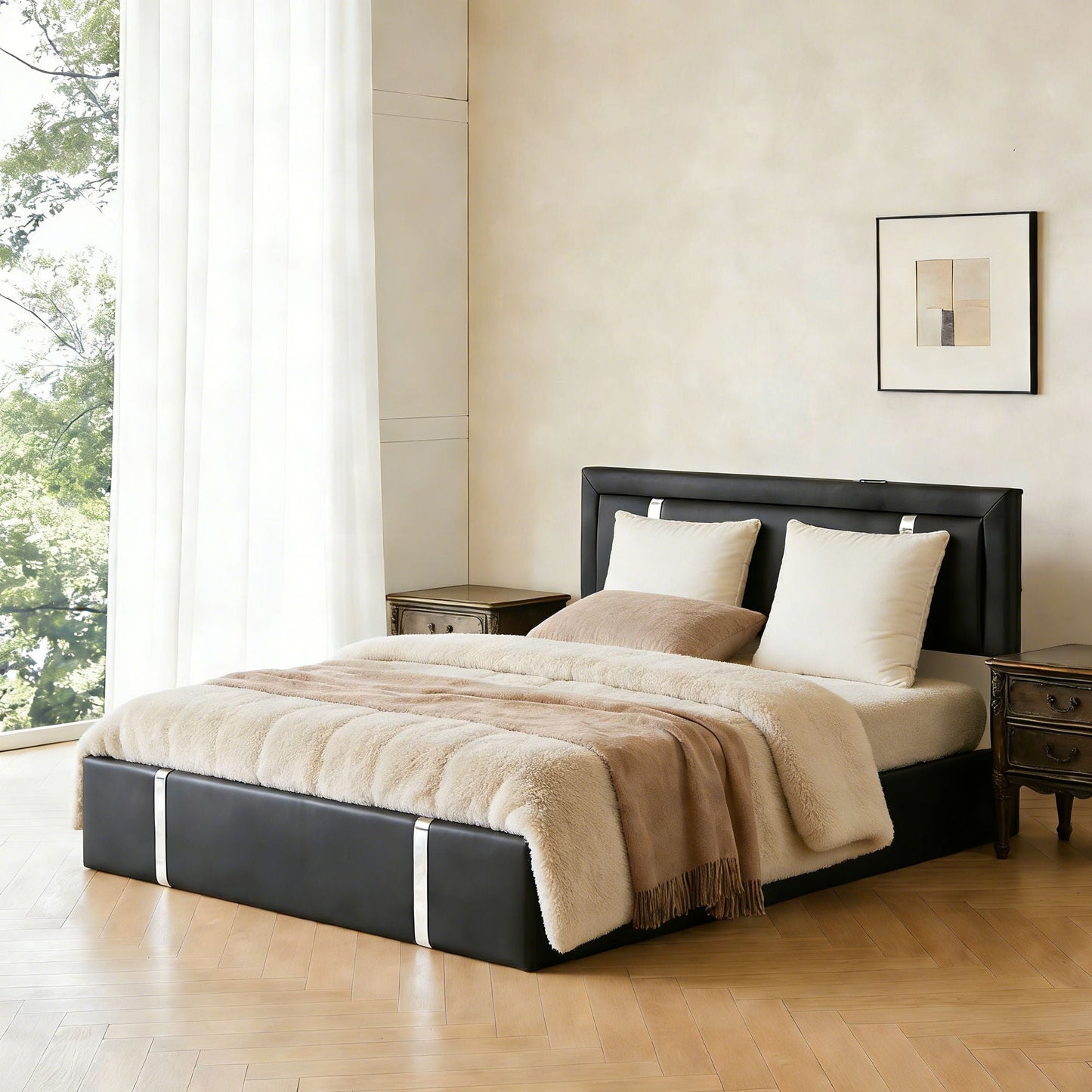 Upholstered Bed with Led Headboard and Storage