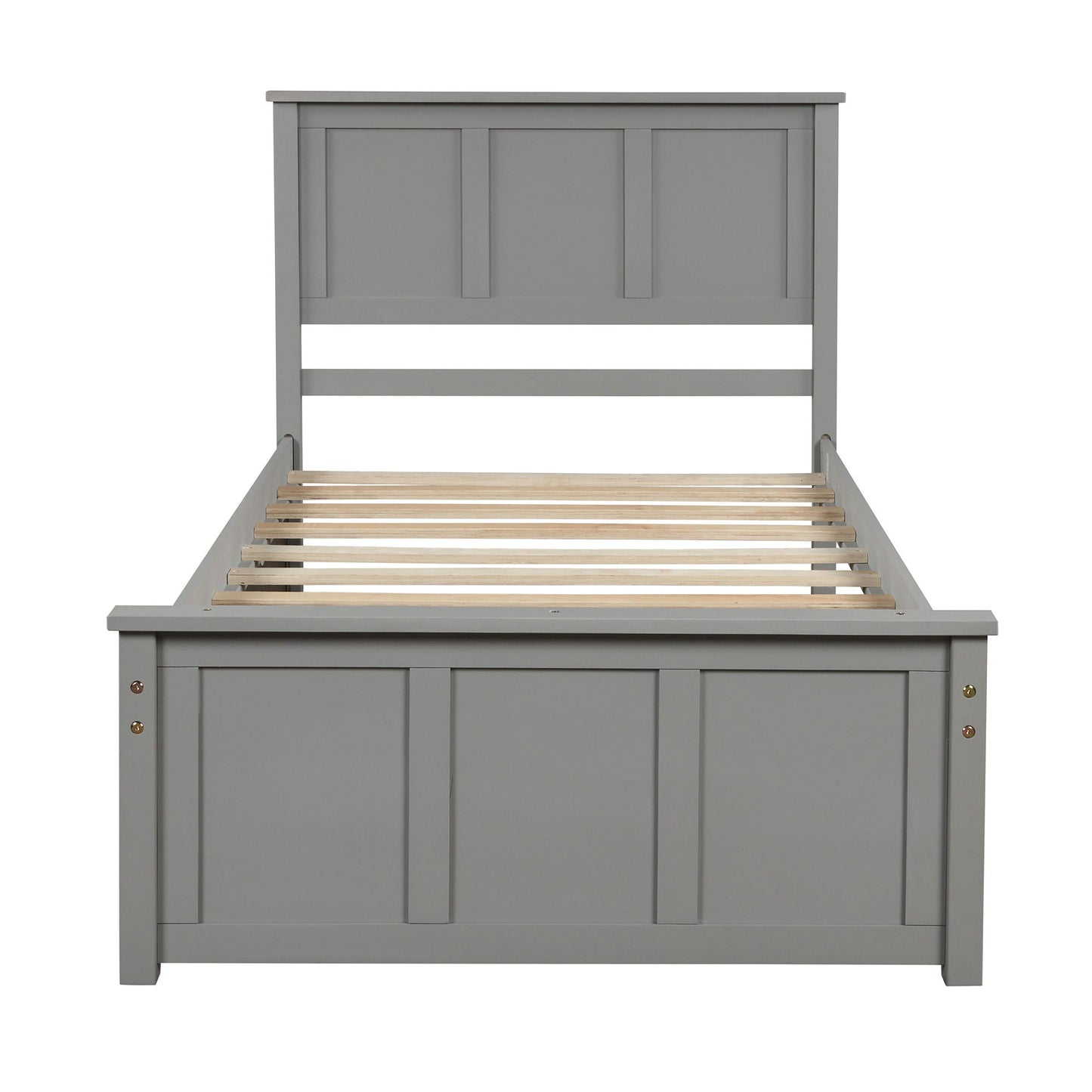 Gray twin platform bed frame with panel headboard and wood slat base for trundle setup on Tampa Home & Garden Store