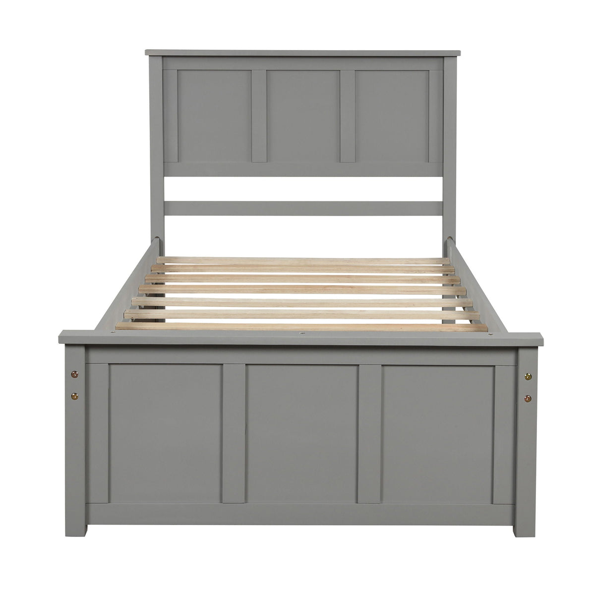 Gray twin platform bed frame with panel headboard and wood slat base for trundle setup on Tampa Home & Garden Store