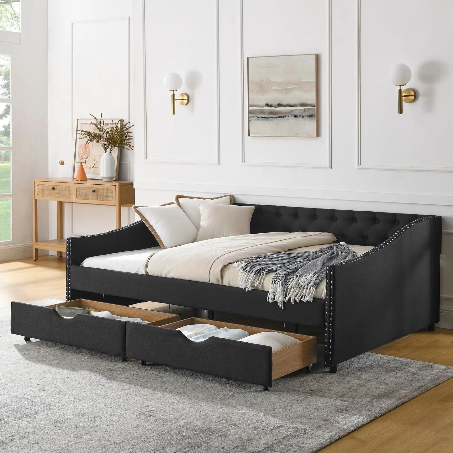 Upholstered tufted daybed with 2 drawers and waved arms in black fabric on Tampa Home & Garden Store