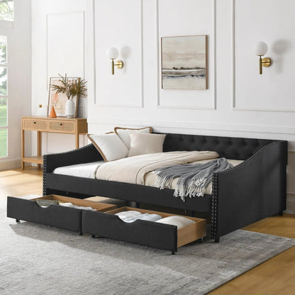 Upholstered tufted daybed with 2 drawers and waved arms in black fabric on Tampa Home & Garden Store