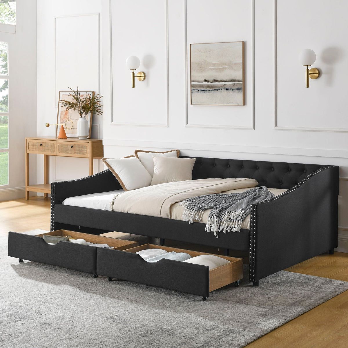 Upholstered Tufted Daybed with Storage Drawers