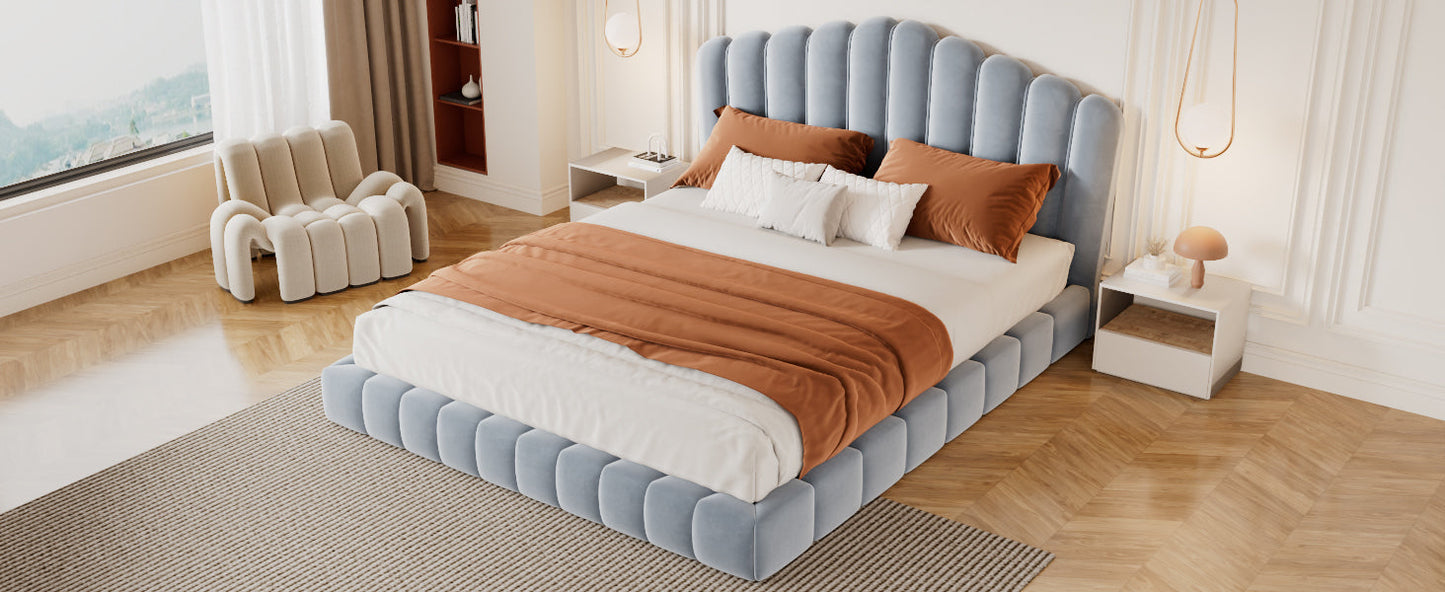 Velvet Upholstered Queen Bed with Shell Headboard